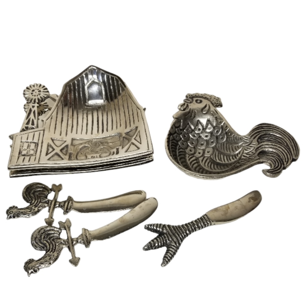 Star Home Cast‎ Metal Farm Tid Bit Serving Dip Dish & Rooster Spreader 6Pc Set